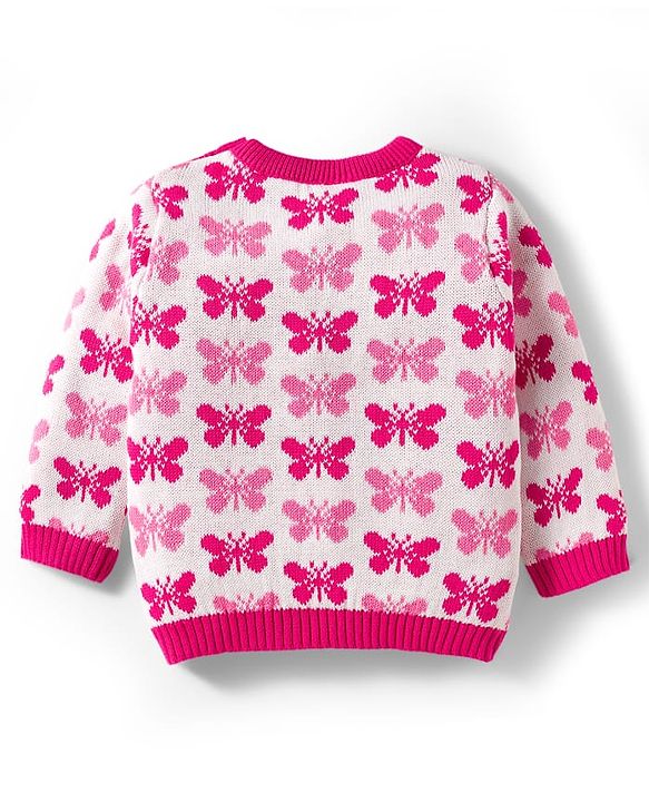 Babyhug Organic Cotton Knitted Full Sleeves Sweater Set With Butterfly Design & Cap - Dark Pink & White