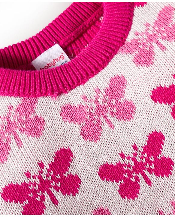 Babyhug Organic Cotton Knitted Full Sleeves Sweater Set With Butterfly Design & Cap - Dark Pink & White