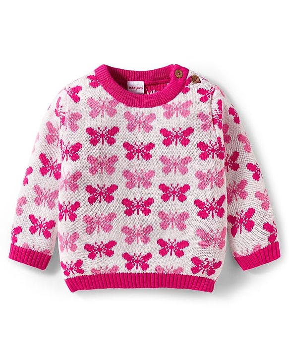 Babyhug Organic Cotton Knitted Full Sleeves Sweater Set With Butterfly Design & Cap - Dark Pink & White