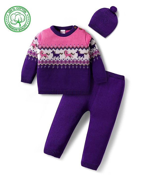 Babyhug Organic Cotton Knitted Full Sleeves Pullover Sweater Set With Horse Design & Cap - Purple & Pink