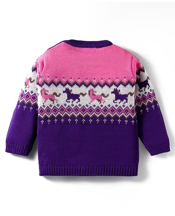 Babyhug Organic Cotton Knitted Full Sleeves Pullover Sweater Set With Horse Design & Cap - Purple & Pink