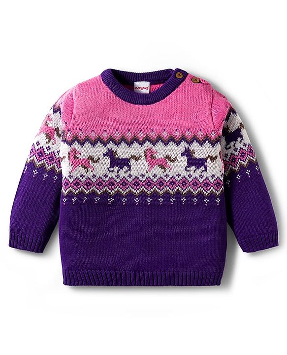 Babyhug Organic Cotton Knitted Full Sleeves Pullover Sweater Set With Horse Design & Cap - Purple & Pink