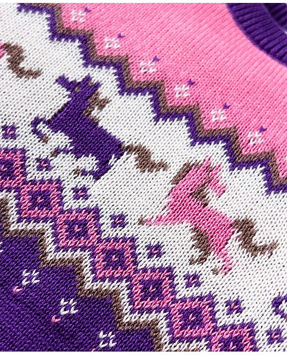 Babyhug Organic Cotton Knitted Full Sleeves Pullover Sweater Set With Horse Design & Cap - Purple & Pink