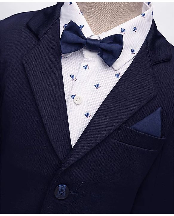 Babyhug Woven Full Sleeves Printed 3 Piece Party Suit With Bow - Navy Blue
