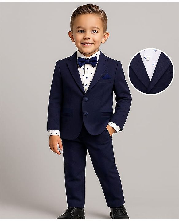 Babyhug Woven Full Sleeves Printed 3 Piece Party Suit With Bow - Navy Blue