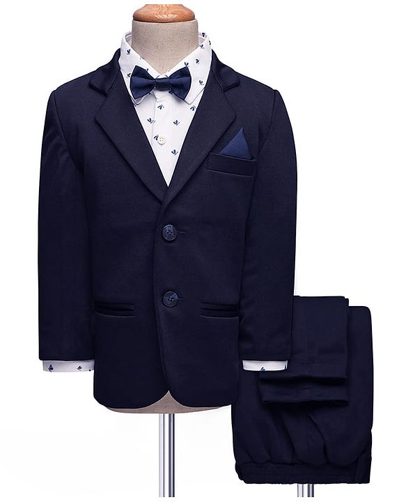 Babyhug Woven Full Sleeves Printed 3 Piece Party Suit With Bow - Navy Blue