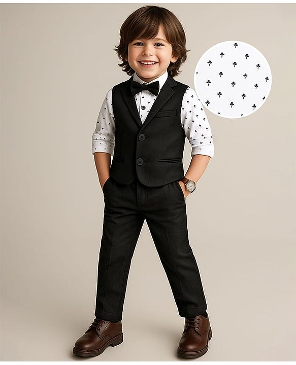 Babyhug Woven Full Sleeves Printed 3 Piece Party Suit With Bow - Black & White