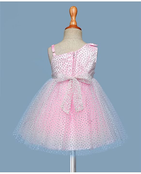 Babyhug 5 Layered With Cotton Lining Sleeveless Mesh Party Dress With Foil Print & Bow Applique - Pink