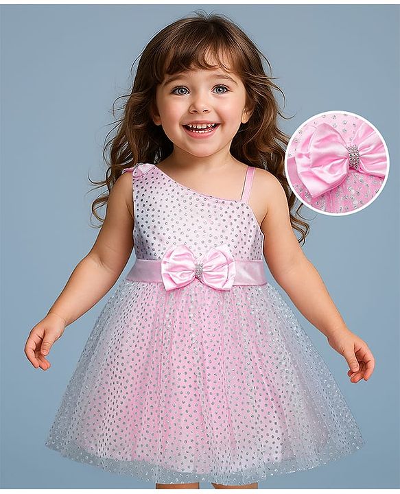 Babyhug 5 Layered With Cotton Lining Sleeveless Mesh Party Dress With Foil Print & Bow Applique - Pink