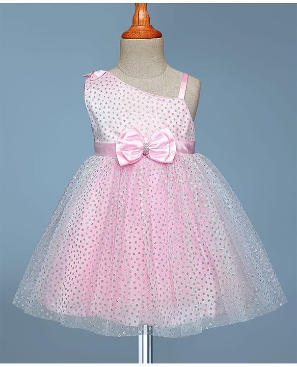 Babyhug 5 Layered With Cotton Lining Sleeveless Mesh Party Dress With Foil Print & Bow Applique - Pink
