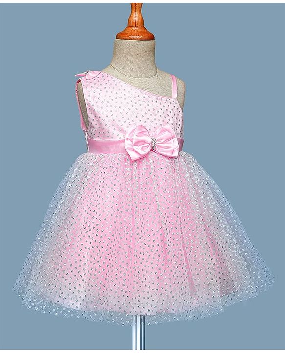 Babyhug 5 Layered With Cotton Lining Sleeveless Mesh Party Dress With Foil Print & Bow Applique - Pink