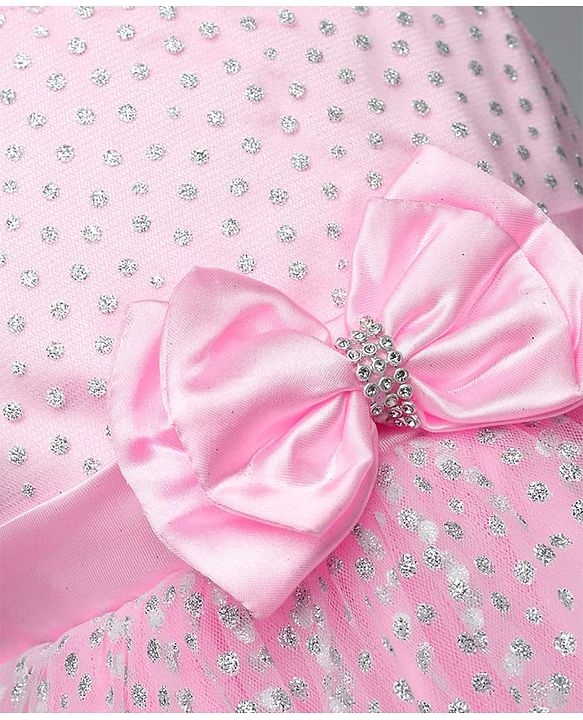 Babyhug 5 Layered With Cotton Lining Sleeveless Mesh Party Dress With Foil Print & Bow Applique - Pink