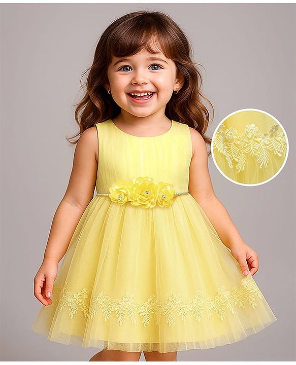 Babyhug 5 Layered With Cotton Lining Fit & Flare Sleeveless Mesh Party Dress With Flower Corsage and Lace Detailing - Pink