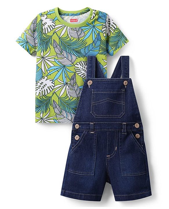 Babyhug Single Jersey Knit Knee Length Dungarees & Half Sleeves Tee Set with Tropical Theme Print - Green & Navy Blue