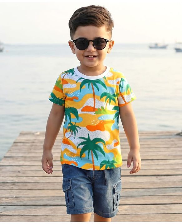 Babyhug Single Jersey Knit Half Sleeves T-Shirt & Shorts Sets with Beach Theme Print - Blue & Yellow