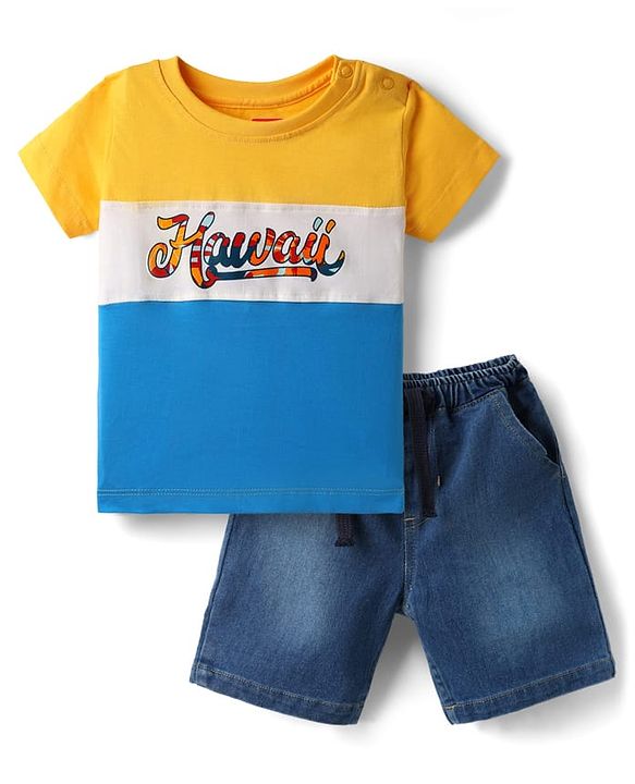 Babyhug Single Jersey Knit Half Sleeves T-Shirt & Short Set With Text Print - Yellow & Blue