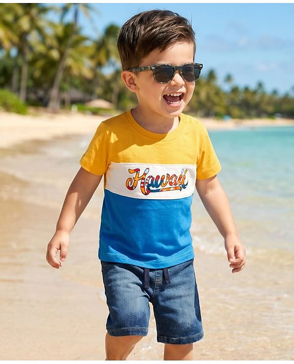 Babyhug Single Jersey Knit Half Sleeves T-Shirt & Short Set With Text Print - Yellow & Blue