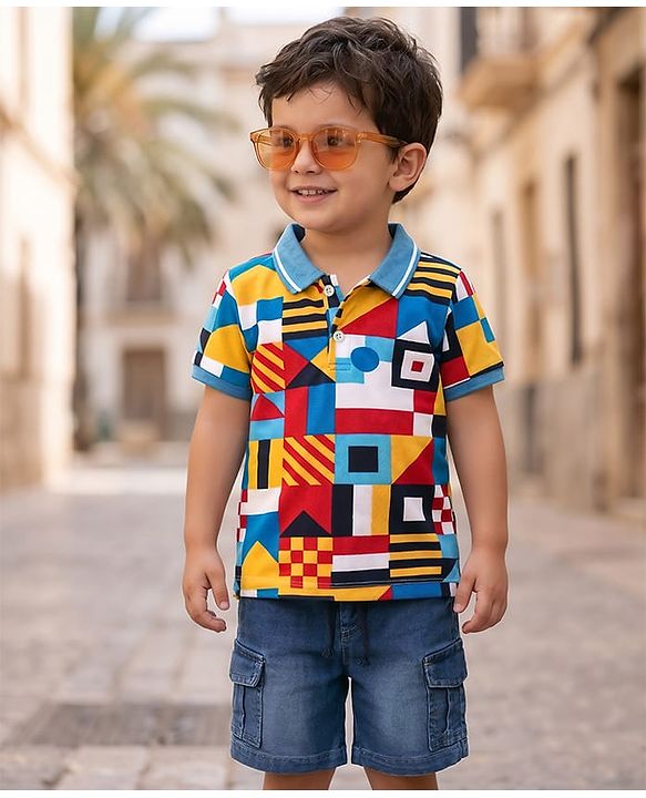 Babyhug Single Jersey Knit Half Sleeves Polo T-Shirt & Denim Shorts Set with Abstract Print - Blue