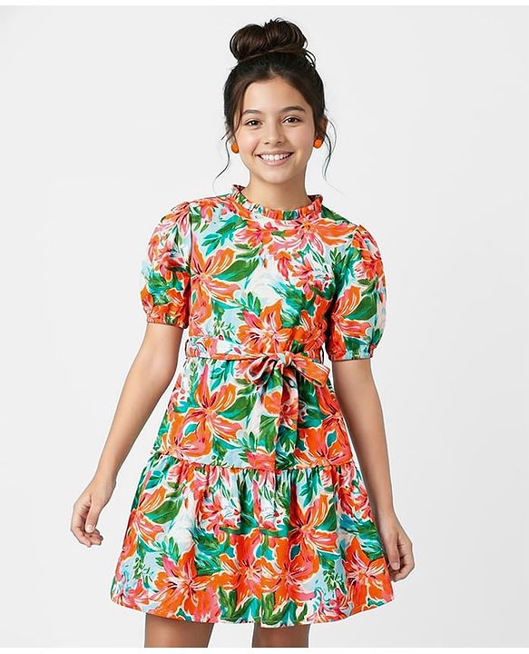 Pine Kids Woven Half Sleeves Frock & Belt with Floral Print - Green & Orange
