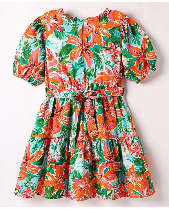 Pine Kids Woven Half Sleeves Frock & Belt with Floral Print - Green & Orange
