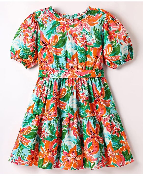 Pine Kids Woven Half Sleeves Frock & Belt with Floral Print - Green & Orange