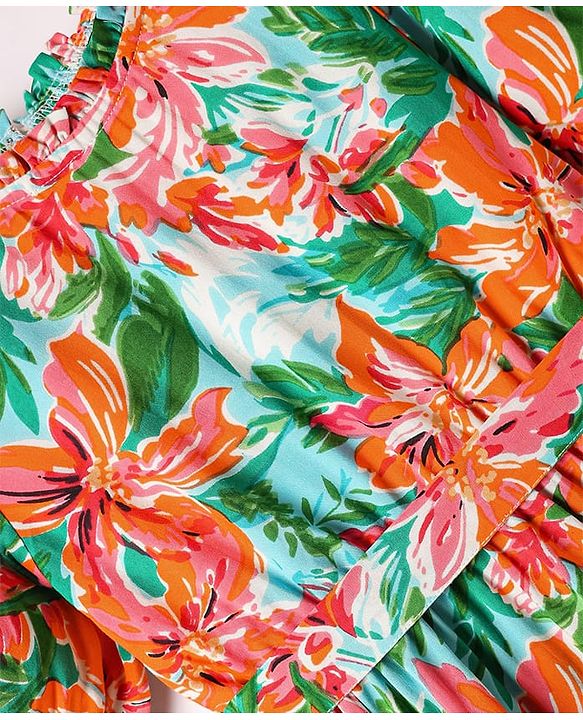 Pine Kids Woven Half Sleeves Frock & Belt with Floral Print - Green & Orange