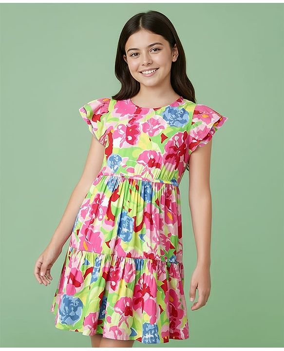 Pine Kids Woven Half Sleeves Dress With Floral Print - Pink