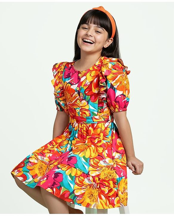 Pine Kids Rayon Woven Half Sleeves Frock With Floral Print & Belt - Multicolor