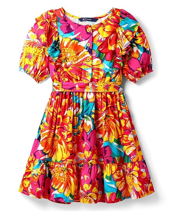 Pine Kids Rayon Woven Half Sleeves Frock With Floral Print & Belt - Multicolor