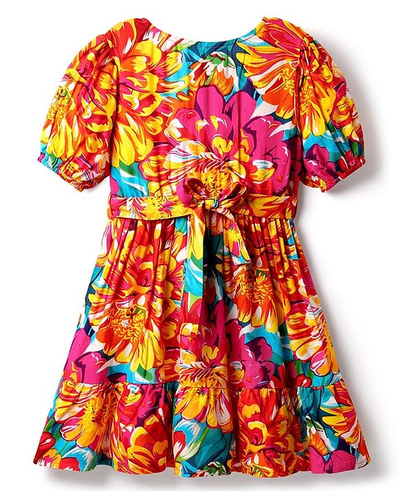 Pine Kids Rayon Woven Half Sleeves Frock With Floral Print & Belt - Multicolor
