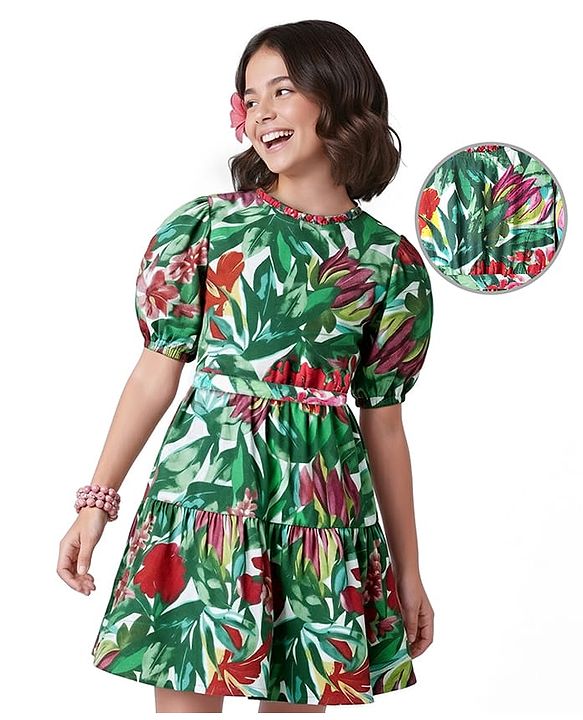 Pine Kids Rayon Woven Half Sleeves Frock With Floral Print & Belt - Green