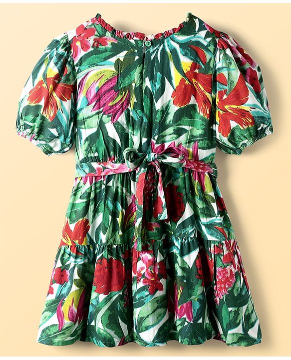 Pine Kids Rayon Woven Half Sleeves Frock With Floral Print & Belt - Green