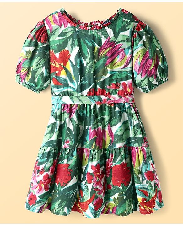Pine Kids Rayon Woven Half Sleeves Frock With Floral Print & Belt - Green