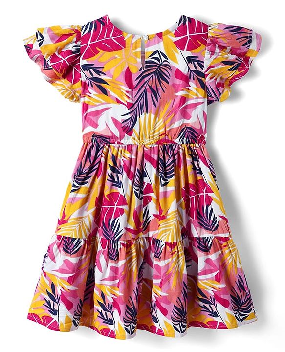 Pine Kids Woven Half Sleeves Frock With Leaf Print - Multicolor