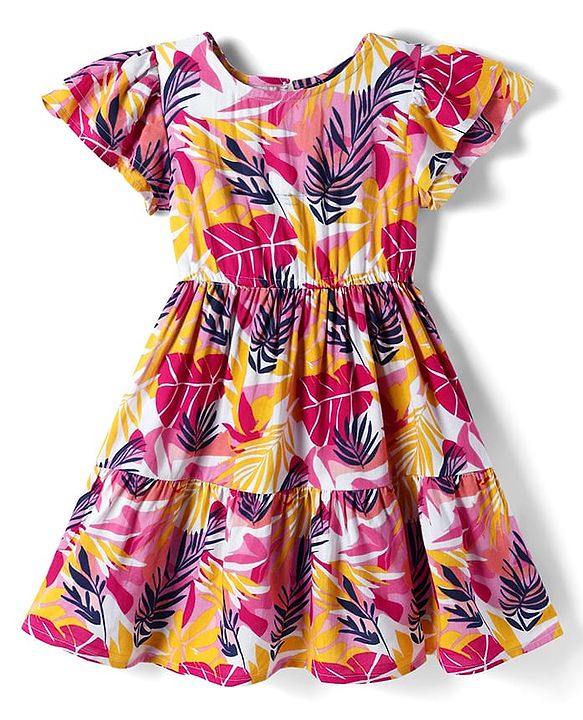 Pine Kids Woven Half Sleeves Frock With Leaf Print - Multicolor