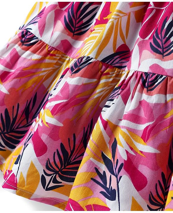 Pine Kids Woven Half Sleeves Frock With Leaf Print - Multicolor