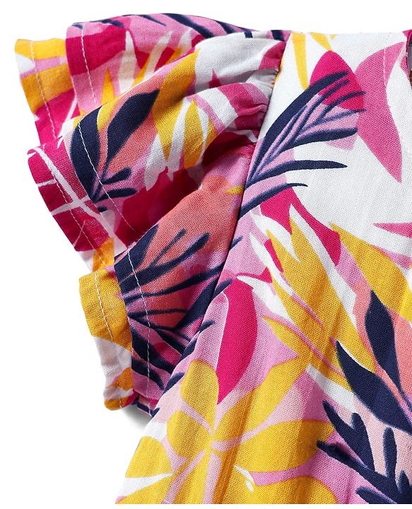 Pine Kids Woven Half Sleeves Frock With Leaf Print - Multicolor