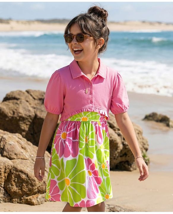 Pine Kids Cotton Knit Half Sleeves Jacket & Frock With Floral Print - Pink & Limegreen