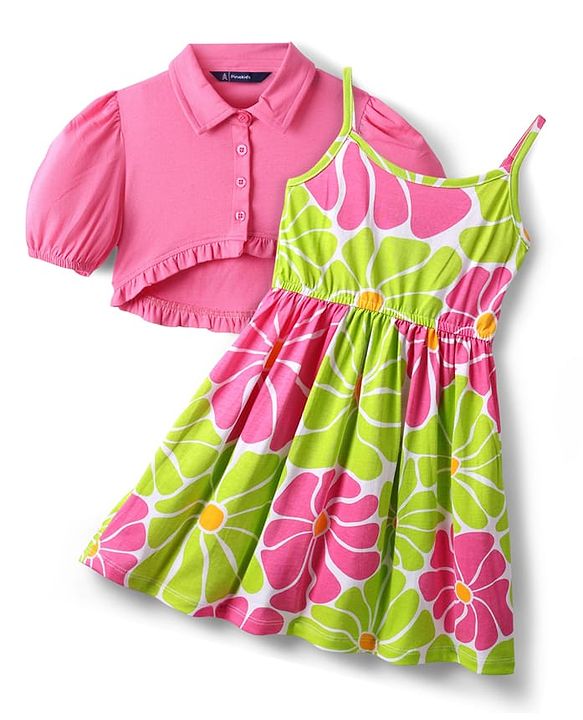Pine Kids Cotton Knit Half Sleeves Jacket & Frock With Floral Print - Pink & Limegreen