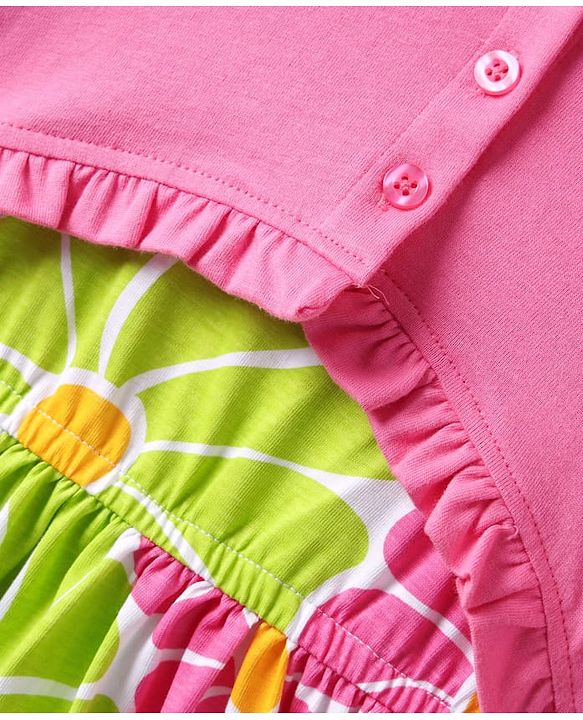 Pine Kids Cotton Knit Half Sleeves Jacket & Frock With Floral Print - Pink & Limegreen