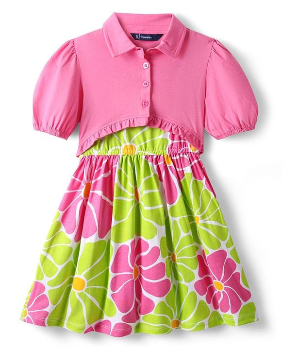 Pine Kids Cotton Knit Half Sleeves Jacket & Frock With Floral Print - Pink & Limegreen