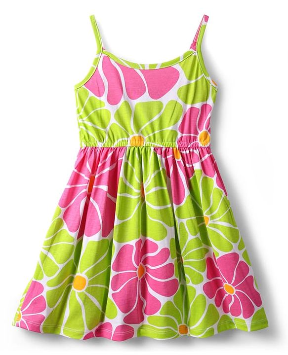 Pine Kids Cotton Knit Half Sleeves Jacket & Frock With Floral Print - Pink & Limegreen