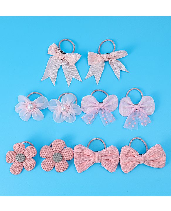 Babyhug Rubber Bands with Bow and Floral Applique Pack of 10 -  Pink