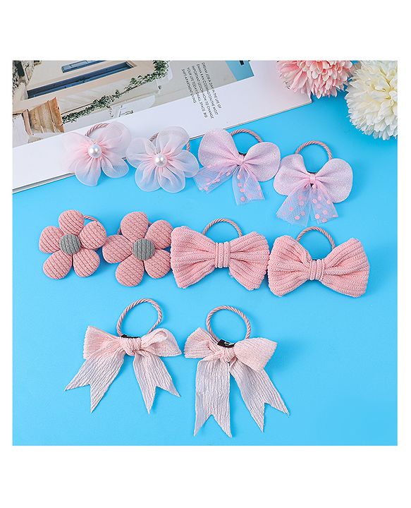 Babyhug Rubber Bands with Bow and Floral Applique Pack of 10 -  Pink