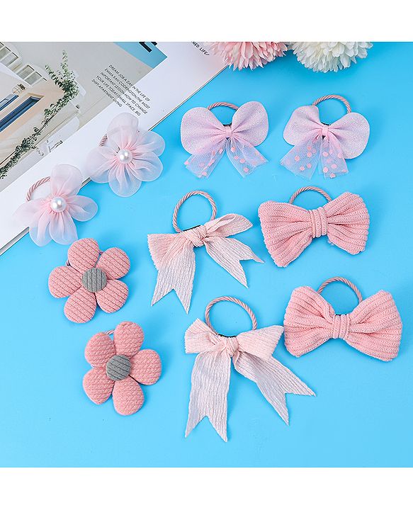 Babyhug Rubber Bands with Bow and Floral Applique Pack of 10 -  Pink