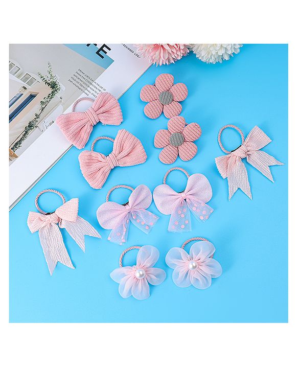 Babyhug Rubber Bands with Bow and Floral Applique Pack of 10 -  Pink