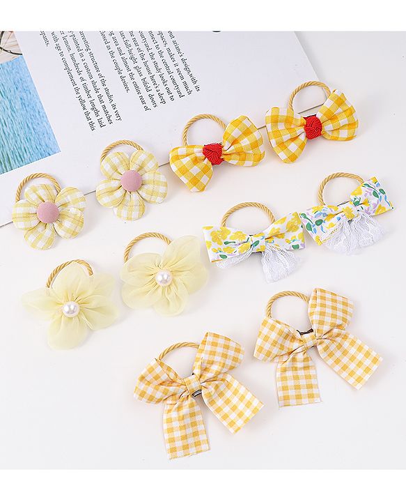 Babyhug Free Size Rubber Bands with Bow and Floral Applique Pack of 10 - Yellow