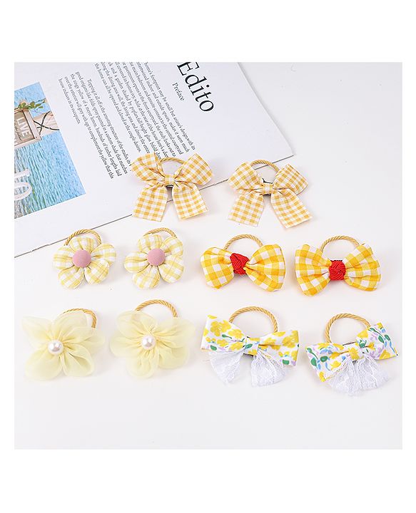 Babyhug Free Size Rubber Bands with Bow and Floral Applique Pack of 10 - Yellow