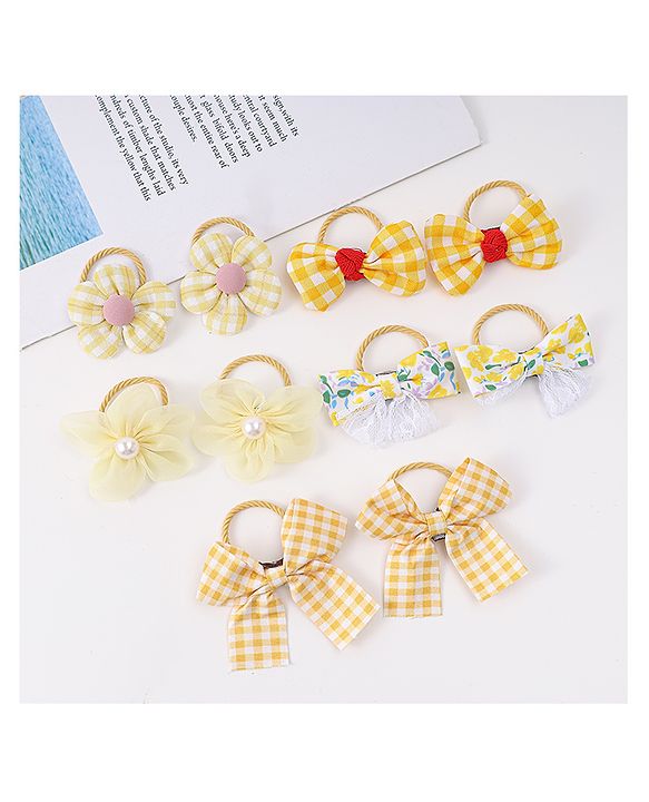 Babyhug Free Size Rubber Bands with Bow and Floral Applique Pack of 10 - Yellow