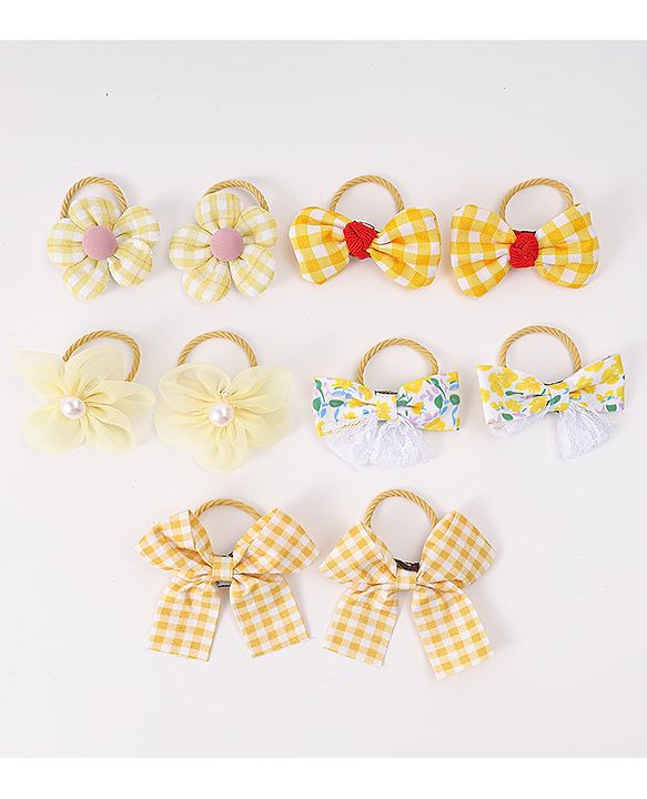 Babyhug Free Size Rubber Bands with Bow and Floral Applique Pack of 10 - Yellow